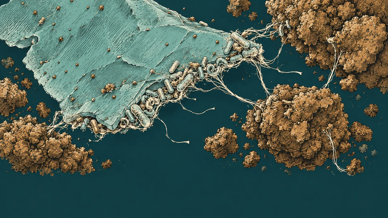 Detailed ink illustration of microbial threads connecting a plastic flake with soil aggregates.