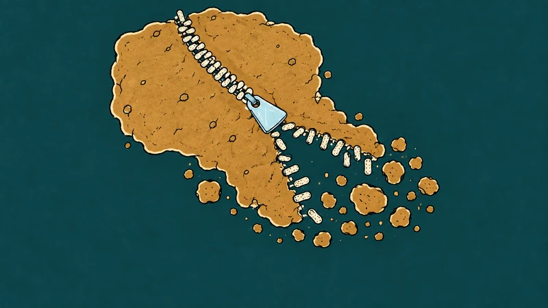 Microbial zipper teeth hold soil together around a plastic pull, with an unfinished open seam.