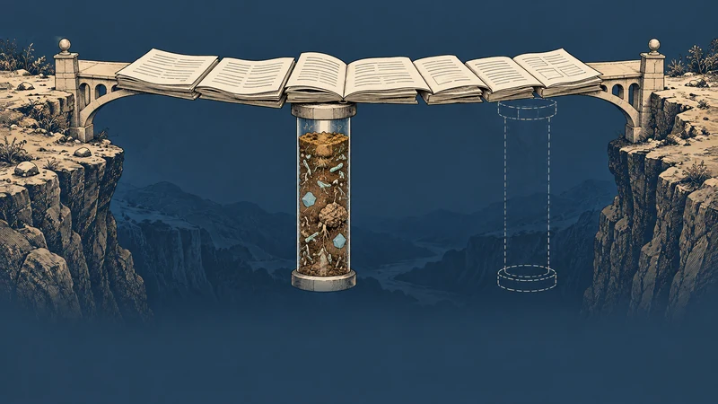 A bridge of review papers rests on one soil-core pillar, with a second support still unfinished.