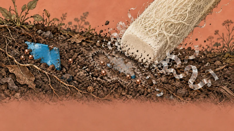 An eraser fades a plastic fragment while an imprint and small beads remain in the soil.