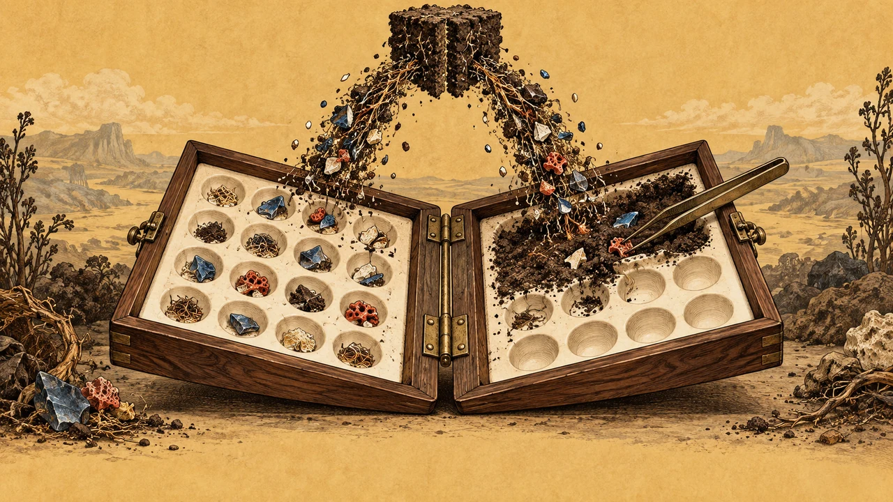 A shared soil sample feeds two independently processed sorting trays.
