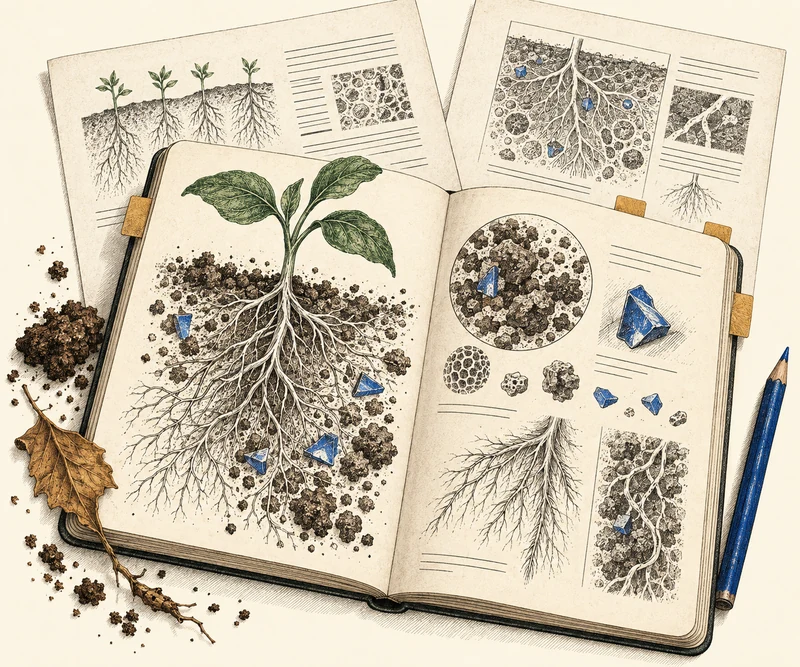 Illustrated research papers and an open notebook with sketches of roots, soil and plastic fragments.