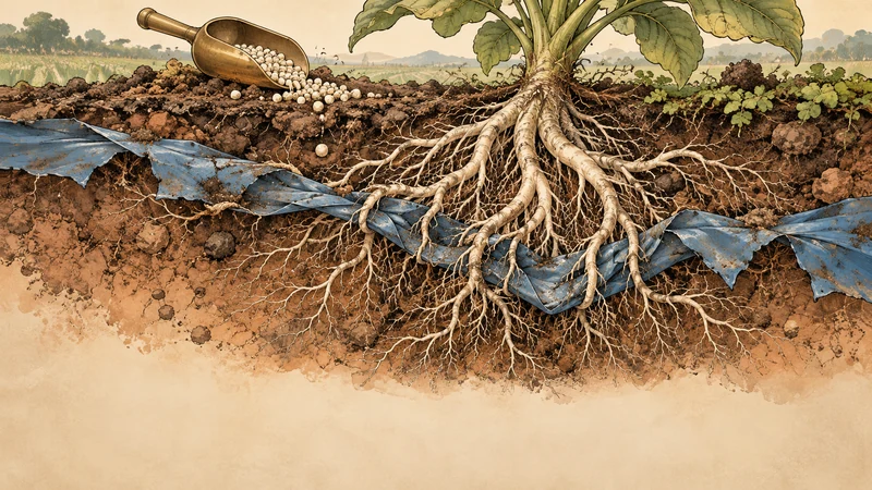 Roots hold the evidence. Roots gripping mulch connect fertilizer, plant growth, and plastic retention. The question is whether agricultural inputs interact, including at sizes the cited studies did not measure.