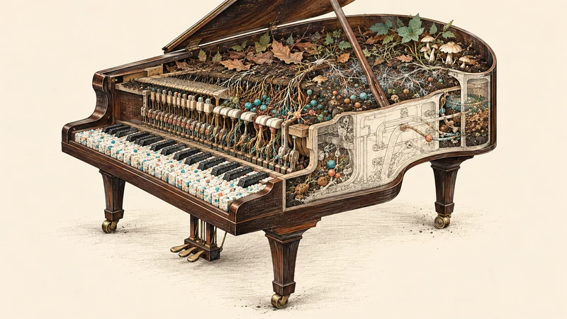 Carefully arranged plastic keys sit above a partly understood living soil mechanism.