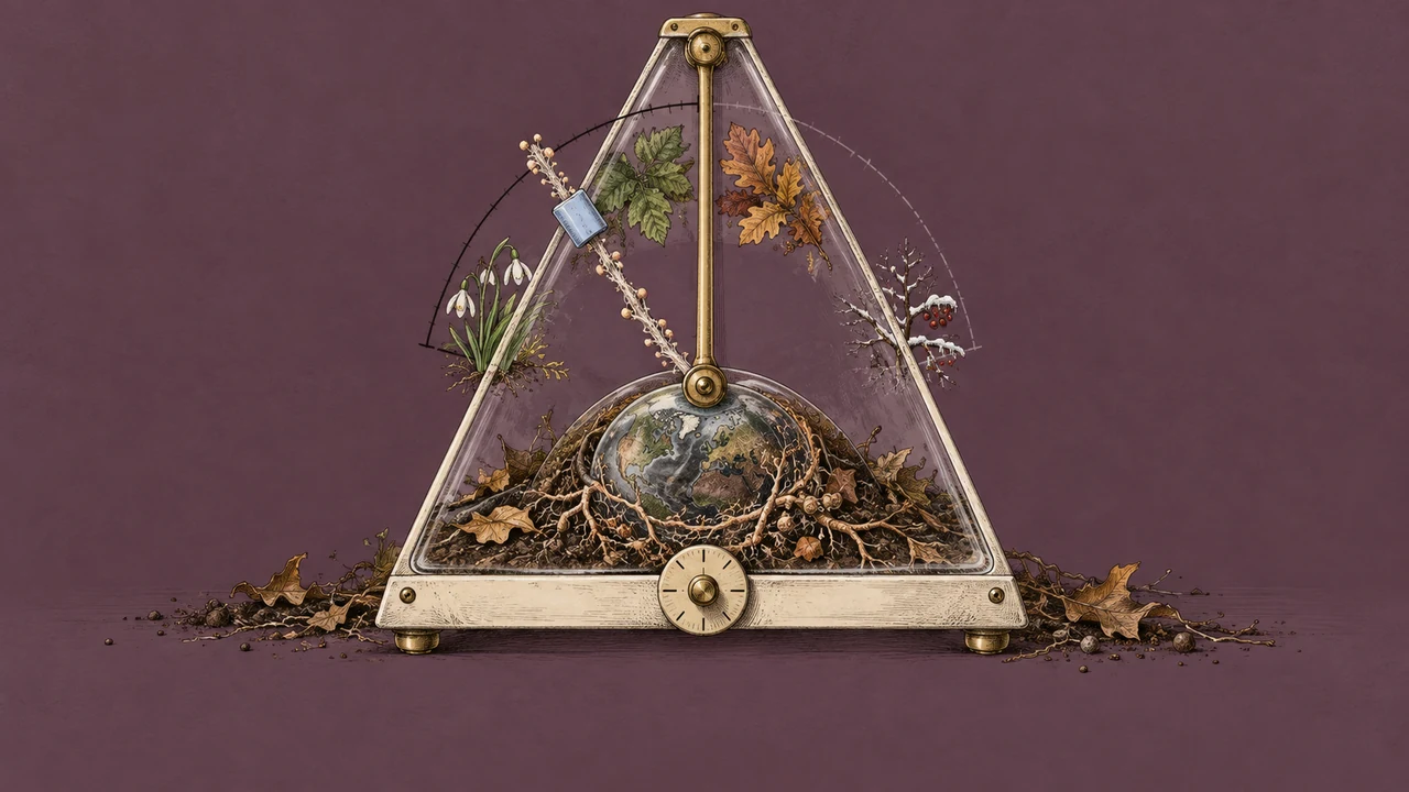 A microbial metronome's unfinished arc passes through seasonal plants.