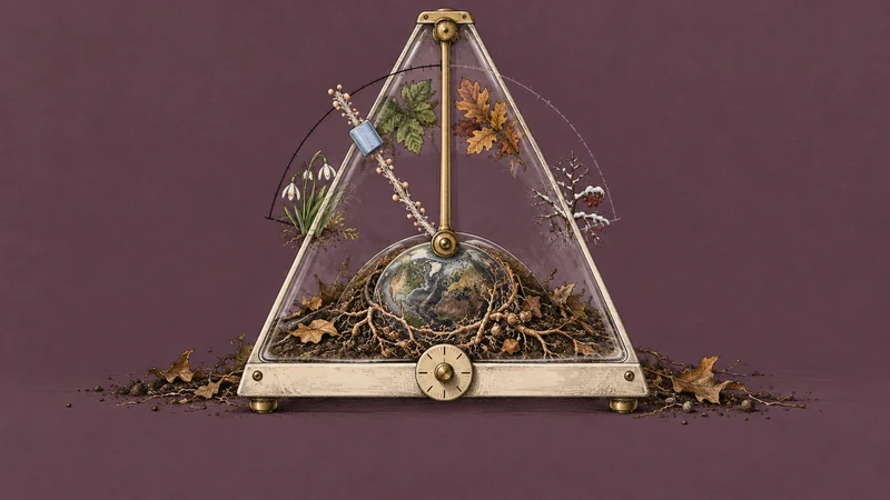 A microbial metronome's unfinished arc passes through seasonal plants.