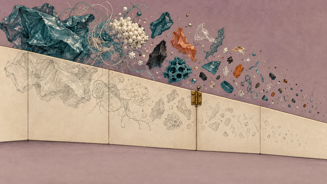 A movable viewing screen hides part of a particle-shape collection.
