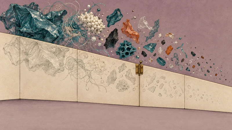 A movable viewing screen hides part of a particle-shape collection.