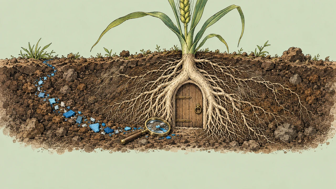 A trail of plastic fragments reaches a root-shaped doorway, where the investigation pauses.
