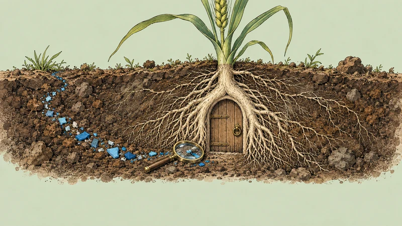 A trail of plastic fragments reaches a root-shaped doorway, where the investigation pauses.