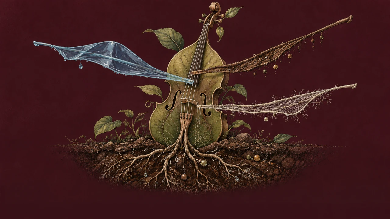 Several soil-made bows meet the strings of a rooted botanical instrument.