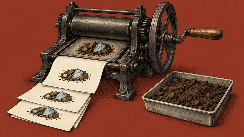 A printing press repeats one soil-plastic image beside fresh soil awaiting a new experiment.