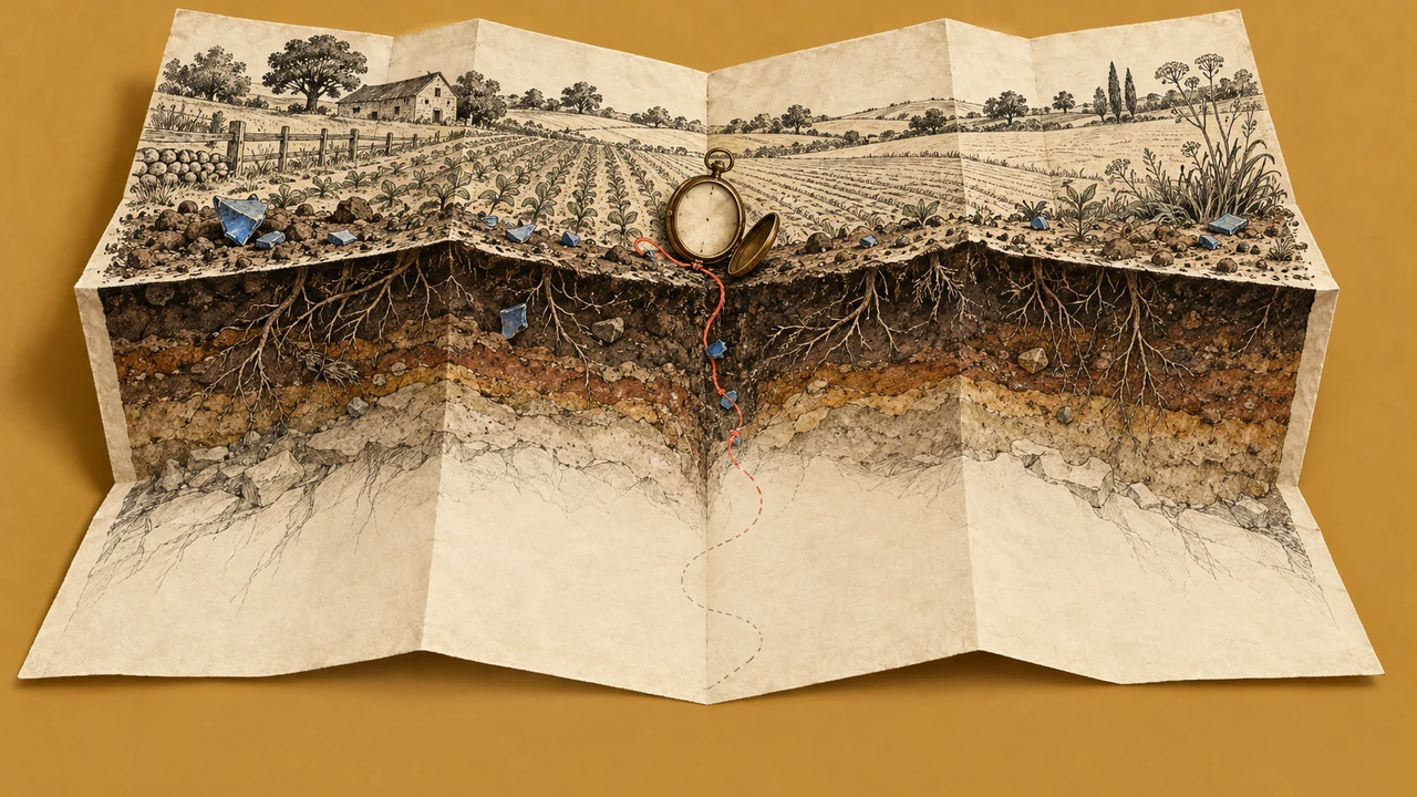 A field map opens into soil layers, with an unfinished route descending below the surface.
