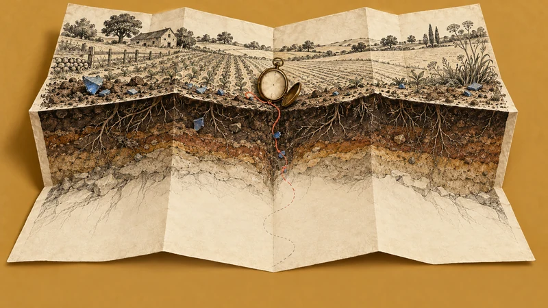 A field map opens into soil layers, with an unfinished route descending below the surface.