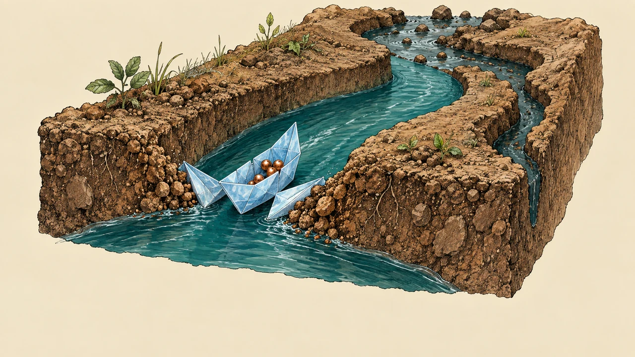 A boat folded from plastic reshapes the earthen channel carrying it.