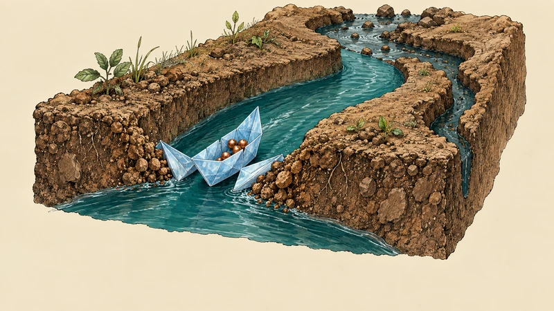 A boat folded from plastic reshapes the earthen channel carrying it.
