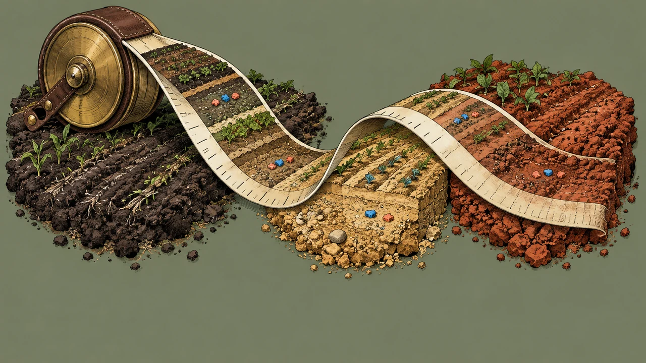 A field-made measuring tape extends from one soil into two contrasting soils, with its later marks unfinished.