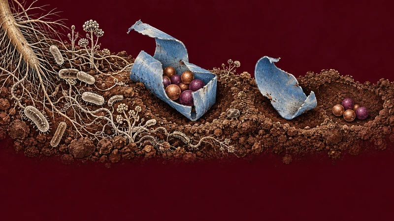 A loaded plastic carrier approaches soil microbes beside bare-particle and free-cargo comparisons.