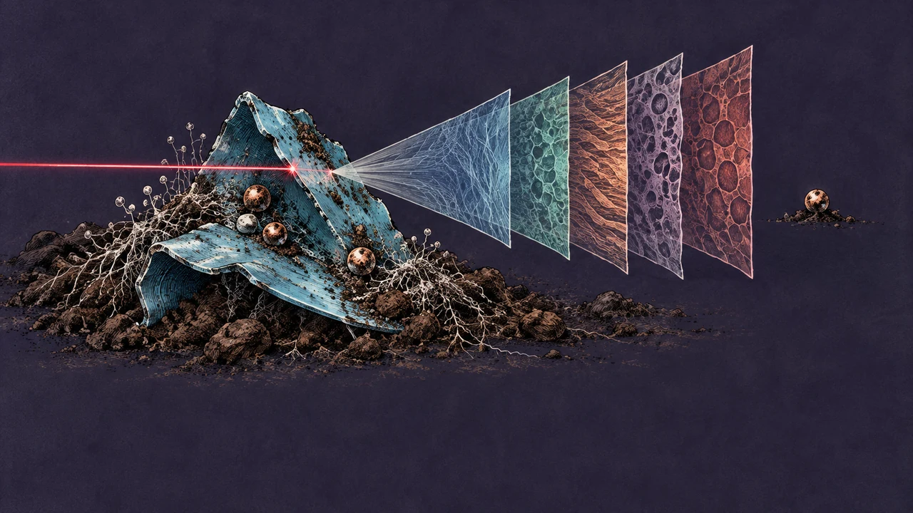 A thin optical beam reveals layers of a weathered particle while its surface cargo remains a separate question.