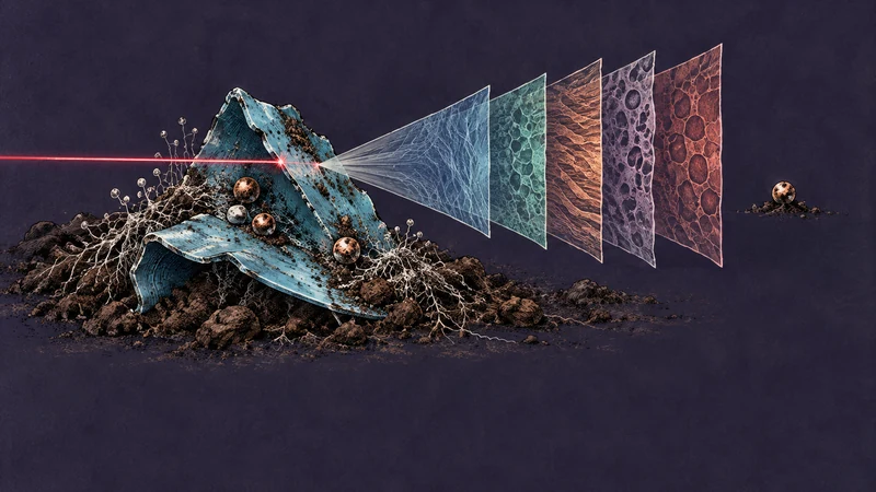 A thin optical beam reveals layers of a weathered particle while its surface cargo remains a separate question.