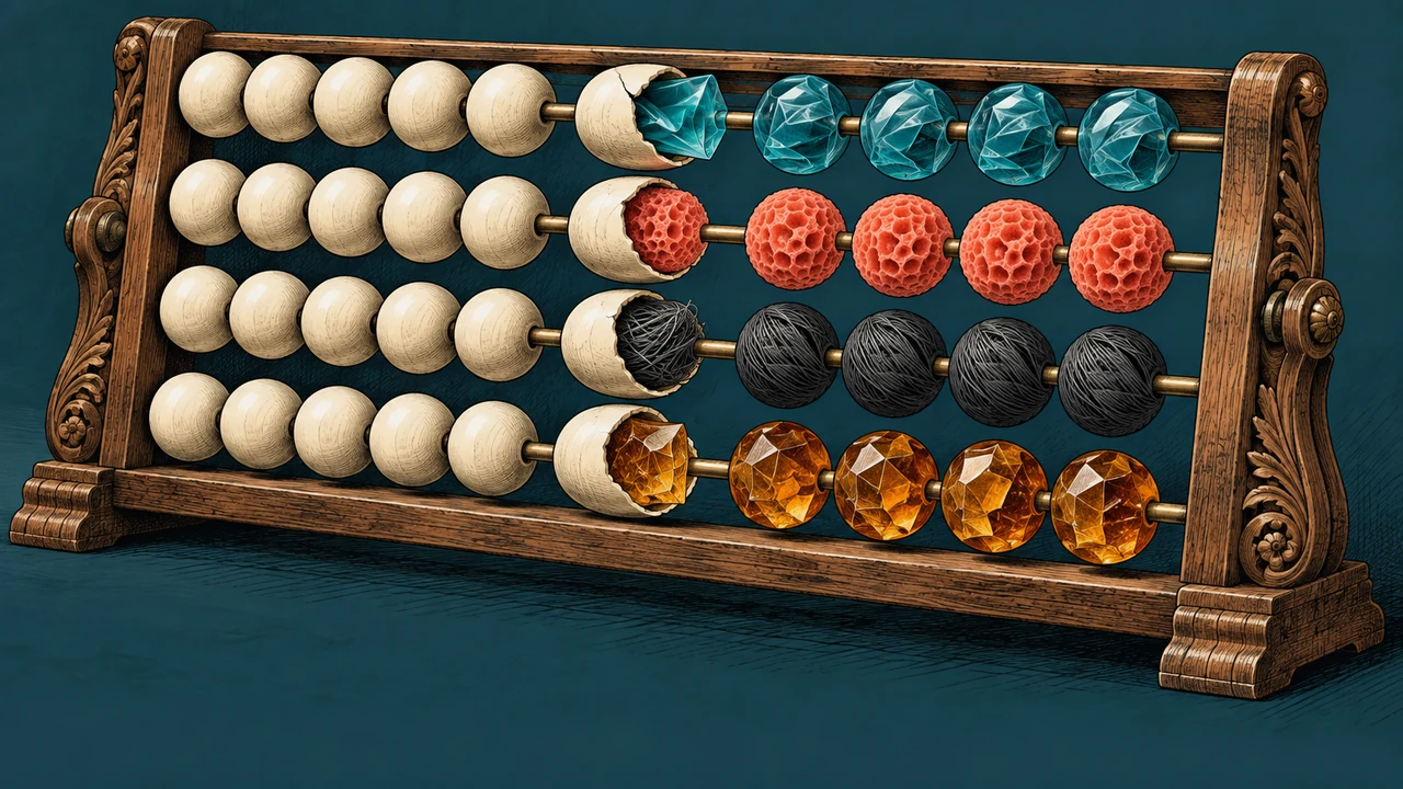 An abacus changes from identical beads to distinct plastic materials, each still counting as one.