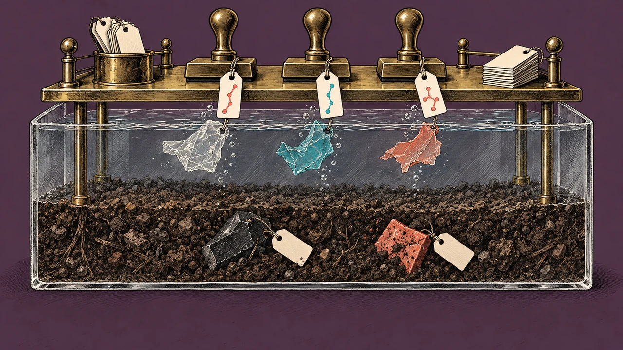 A polymer identity checkpoint labels recovered floating fragments while dense fragments remain below with blank tags.
