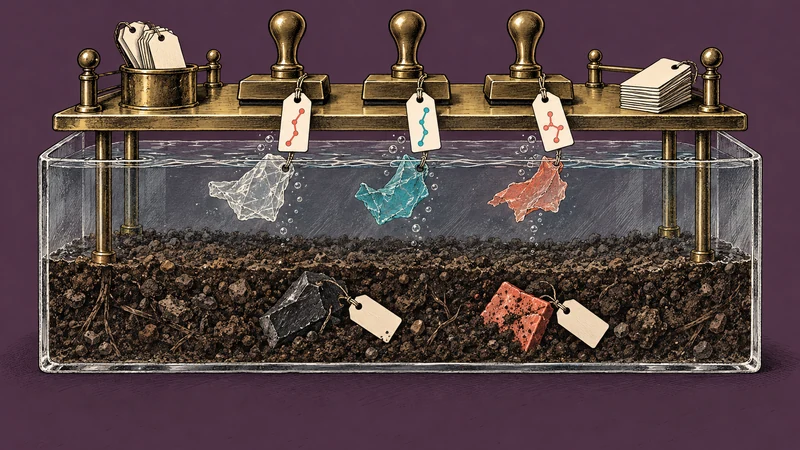 A polymer identity checkpoint labels recovered floating fragments while dense fragments remain below with blank tags.