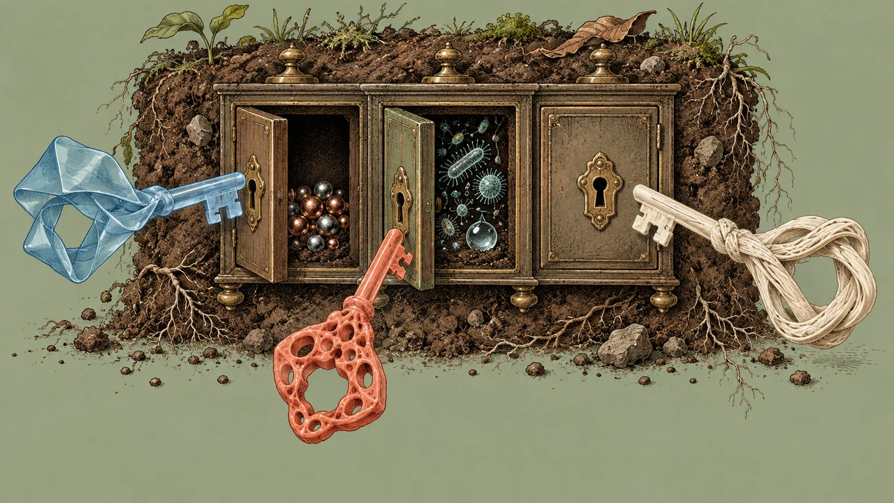 Keys made of different polymers approach soil compartments containing metals and microbes.