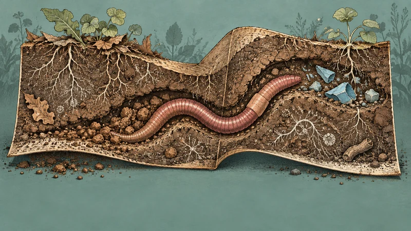 An earthworm moves through a particle-containing tunnel, rearranging the soil behind it.