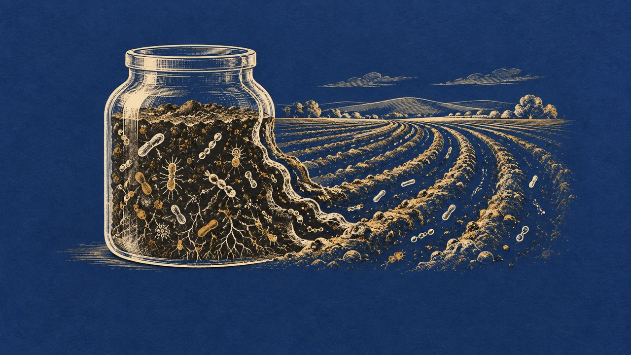 An ink-drawn soil jar opens into field furrows, carrying microbial marks beyond the laboratory.