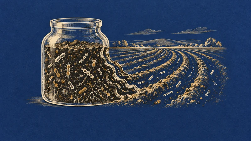 An ink-drawn soil jar opens into field furrows, carrying microbial marks beyond the laboratory.