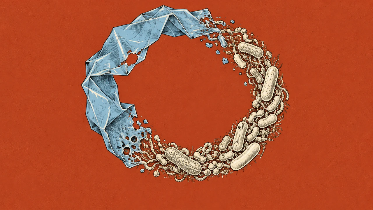 Plastic and microbial forms join in a circular loop, each changing the other.