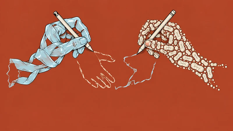 A plastic hand and a microbial hand each draw the other, representing reciprocal influence.
