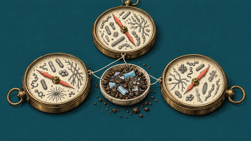 Three microbial compasses take different bearings around a shared soil sample.