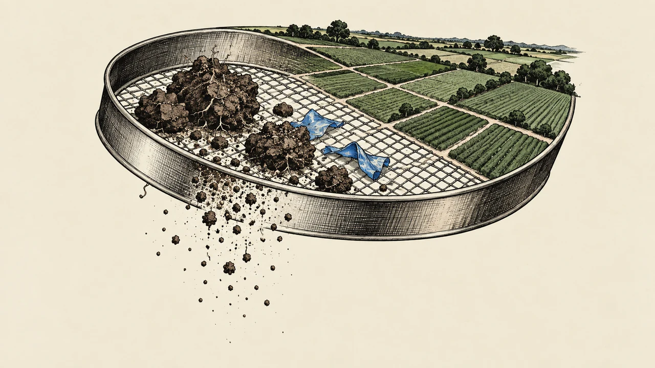 A laboratory sieve transforms into agricultural fields, linking soil aggregates to the field-scale question.