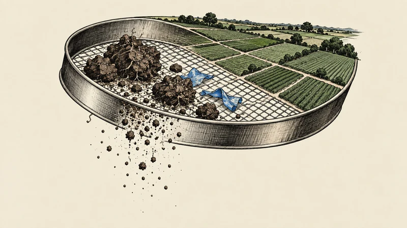 A laboratory sieve transforms into agricultural fields, linking soil aggregates to the field-scale question.
