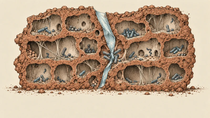 Microbes inhabit rooms in an earthen building whose structure is shifted by a plastic wedge.