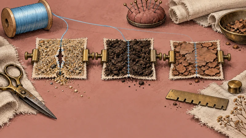 Soil fabrics undergo comparable seam tests while the plastic thread thins toward new samples.