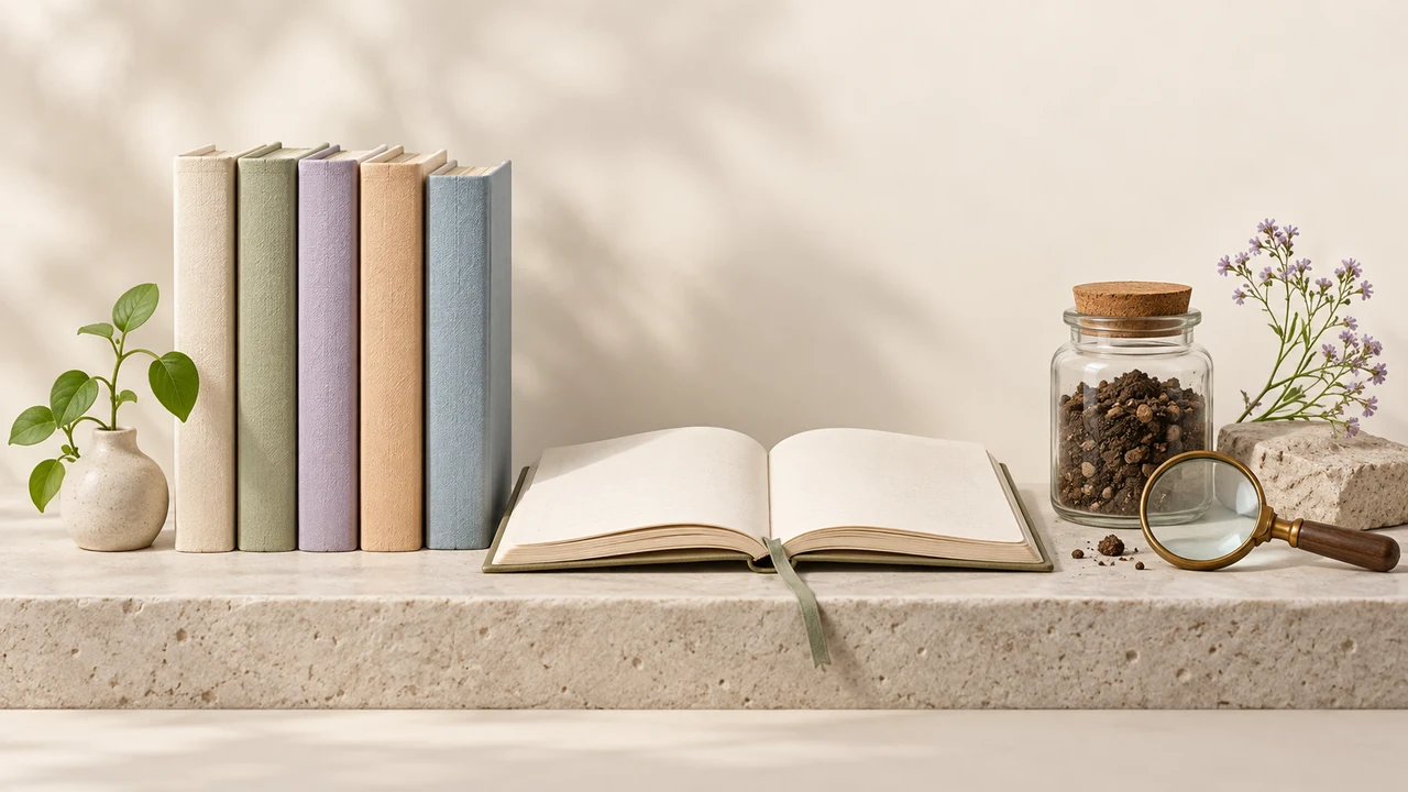 Illustrated reading shelf with paper folios, a notebook, and a soil specimen
