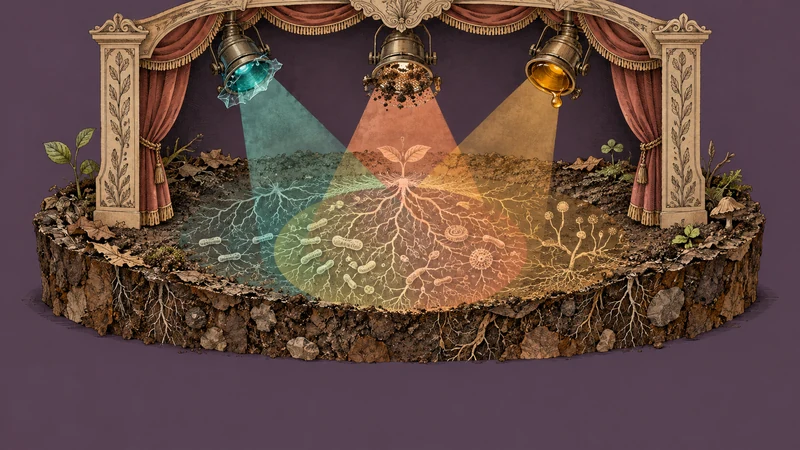 Three differently filtered spotlights overlap on a soil stage, changing the pattern visible at their intersection.