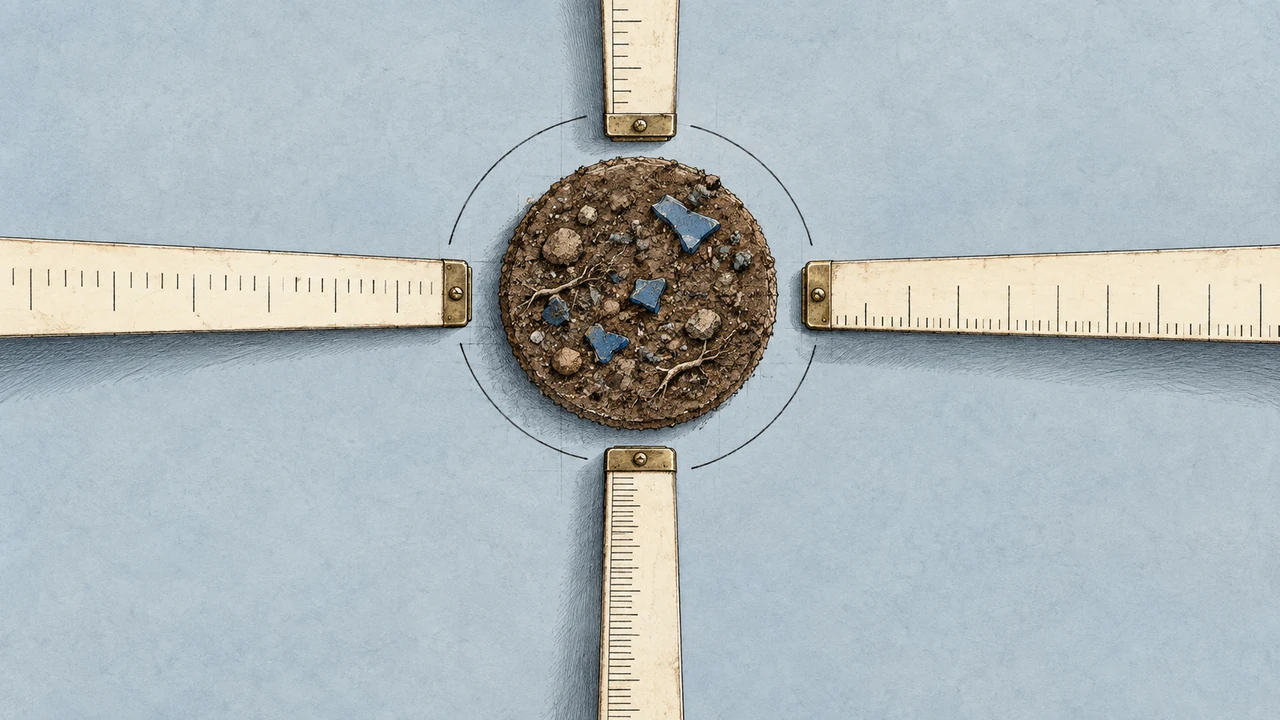 Different rulers surround the same soil sample.